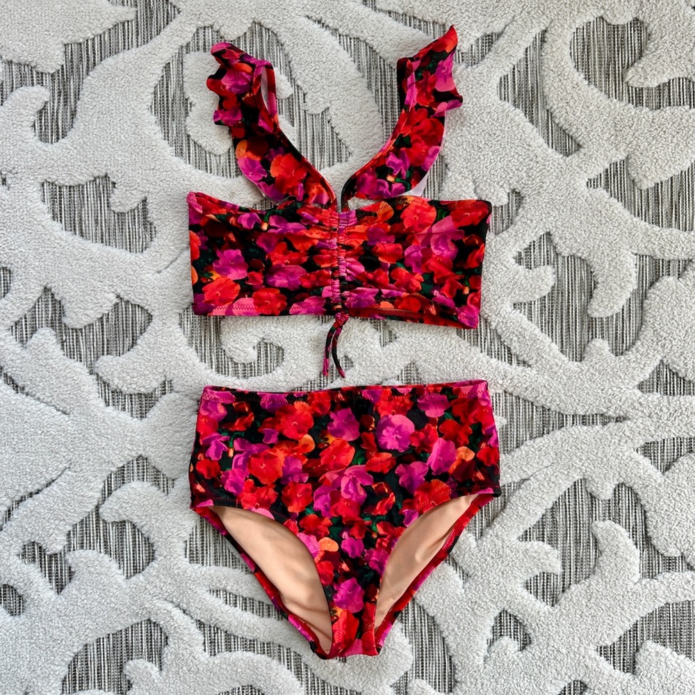 NWT: J. Crew Girls Printed Ruffleneck Two-Piece with UPF 50+, Floral, Size 8